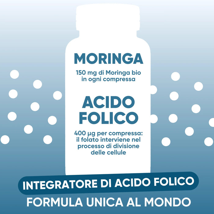 Ácido fólico 400 µg y Moringa ecológica 150 mg en cada comprimido