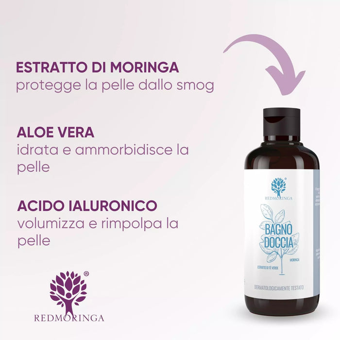 Ingredienti del Bagnodoccia alla Moringa: estratto di Moringa anti-smog, aloe vera idratante e acido ialuronico