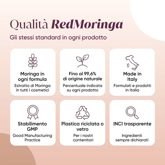 RedMoringa quality: Moringa in every formula, Made in Italy, GMP, recycled containers, transparent INCI