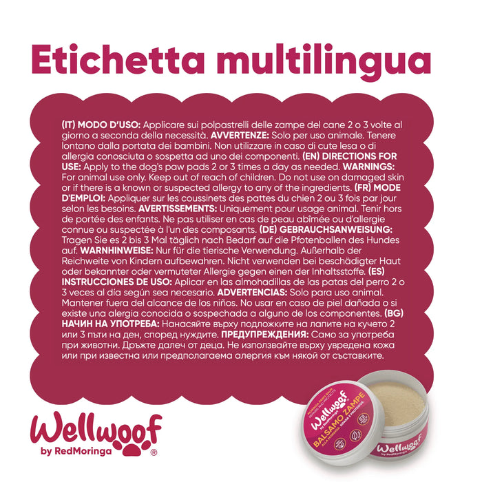 Etichetta multilingua del balsamo Wellwoof: modo d'uso e avvertenze in sei lingue, tra cui italiano, inglese e tedesco