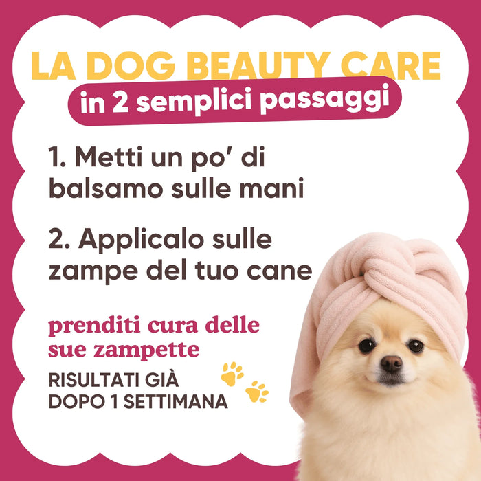Spitz con asciugamano in testa e istruzioni d'uso: balsamo sulle mani, poi sulle zampe del cane, risultati in una settimana
