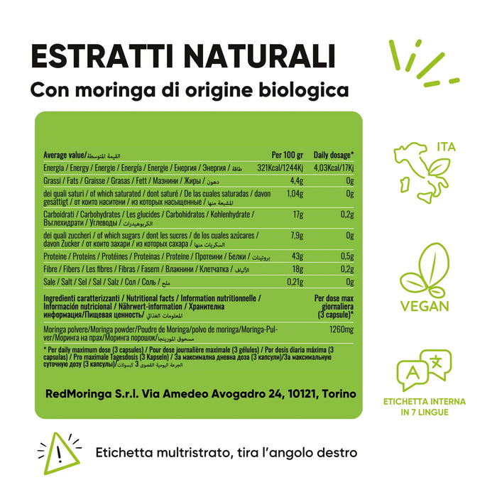 Etichetta Moringa Oleifera biologica in capsule: valori nutrizionali per 100 g e dose da 3 capsule con 1260 mg