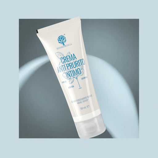 Tube of RedMoringa Intimate Anti-Itch Cream with aloe vera, calendula and Moringa, 50 ml, on a light blue background