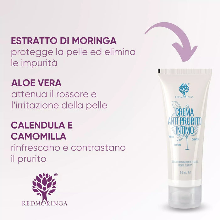 Crema íntima de aloe RedMoringa y sus activos: extracto de Moringa, aloe vera calmante, caléndula y manzanilla