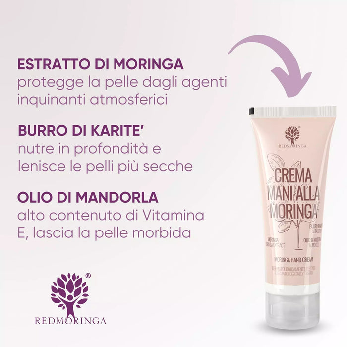 Activos de la Crema de Manos con Moringa RedMoringa: extracto de moringa, manteca de karité nutritiva y aceite de almendra
