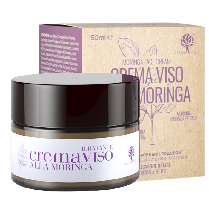 Crema facial antiedad con Moringa con su envase
