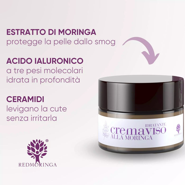Tarro de crema facial RedMoringa con activos: extracto de Moringa, ácido hialurónico de tres pesos moleculares y ceramidas