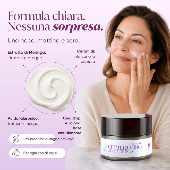 Fórmula clara: extracto de Moringa, ácido hialurónico, ceramidas, cera de abejas y jojoba