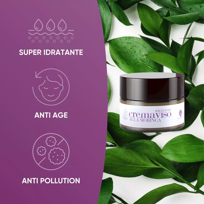 Crema facial hidratante con moringa RedMoringa sobre hojas verdes: superhidratante, antiedad, anti-pollution