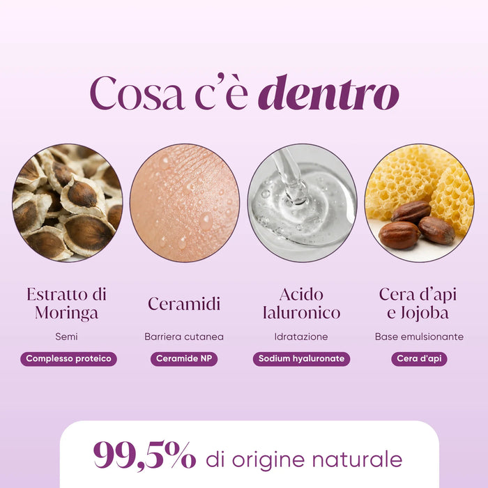 Ingredientes: extracto de Moringa, ceramidas, ácido hialurónico, cera de abejas y jojoba