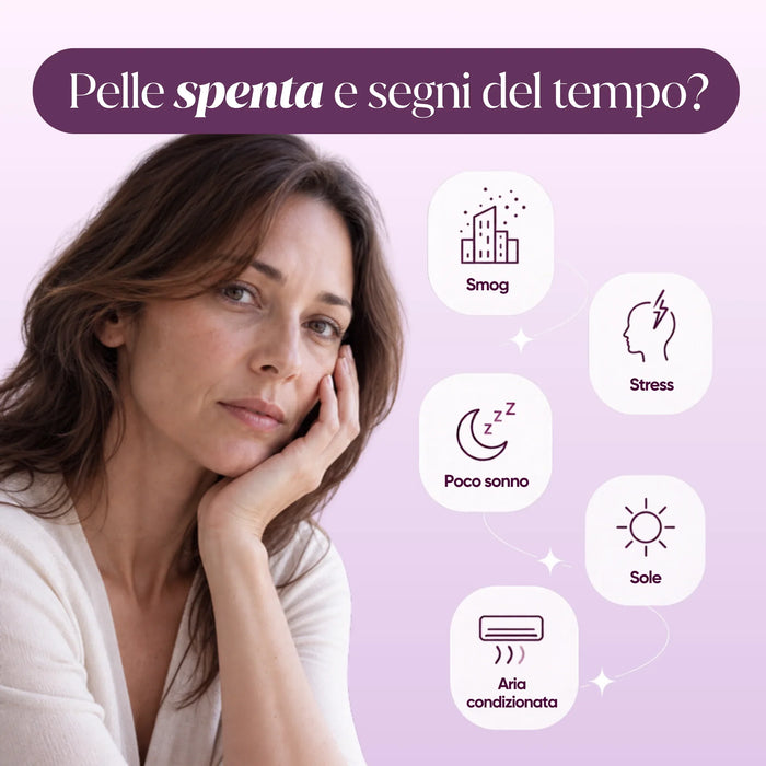 Piel apagada y signos del tiempo: smog, poco sueño, aire acondicionado, estrés, sol