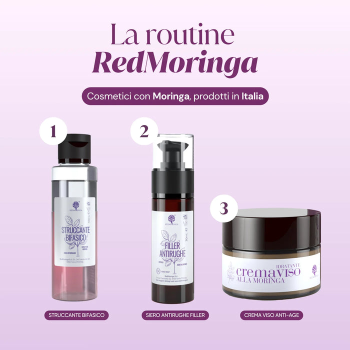 Rutina RedMoringa: desmaquillante bifásico, sérum antiarrugas filler, crema facial antiedad