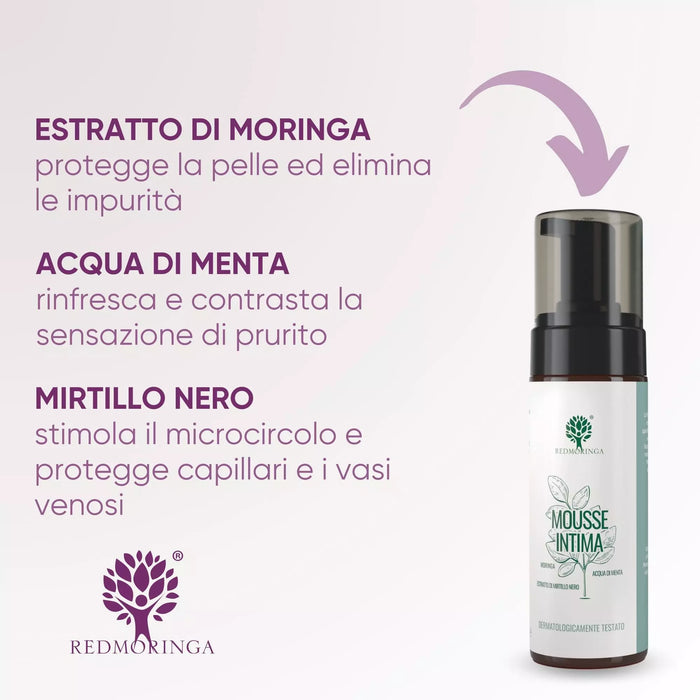 Ingredienti della Mousse Intima: estratto di Moringa purificante, acqua di menta rinfrescante e mirtillo nero