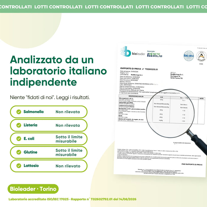Analisi di laboratorio indipendente: salmonella, listeria, glutine, lattosio