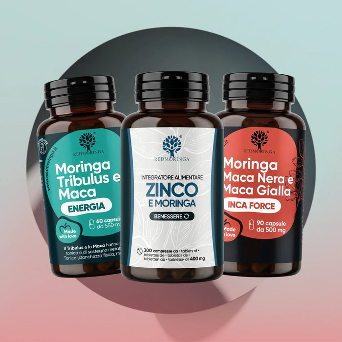 INCA BOOST RedMoringa, tre barattoli: Tribulus e Maca Energia, Zinco e Moringa 300 compresse, INCA FORCE 90 capsule