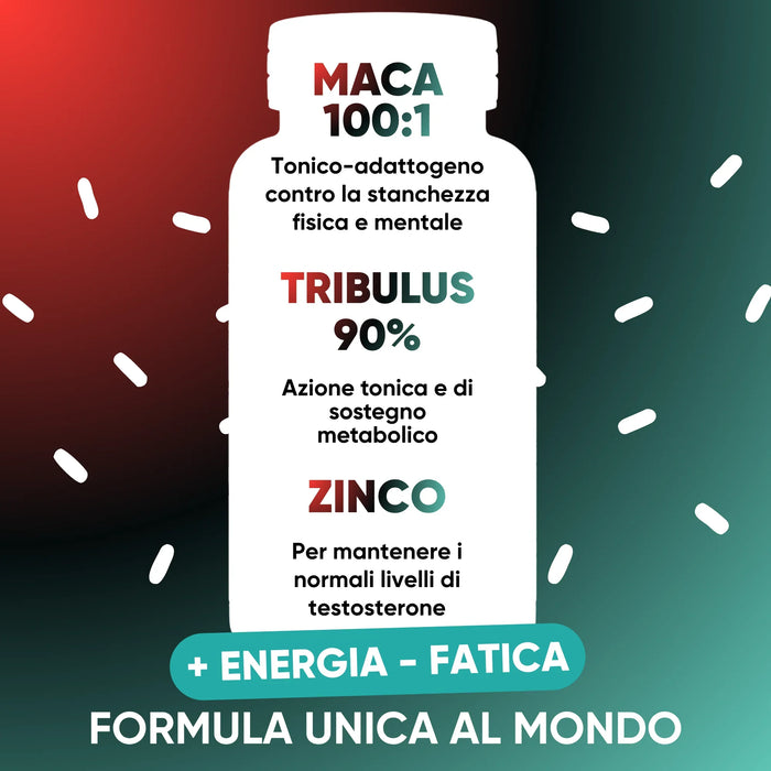 Maca 100:1 tónico-adaptógeno, Tribulus 90% de acción tónica, Zinc para mantener niveles normales de testosterona