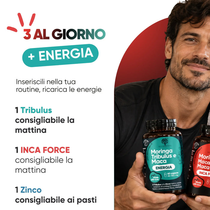 Cómo se toma: 1 cápsula de Tribulus (Energía) y 1 de INCA FORCE por la mañana, 1 comprimido de Zinc con las comidas