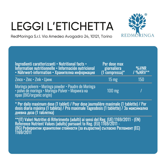 Tabla de Zinc y Moringa: zinc 15 mg por comprimido