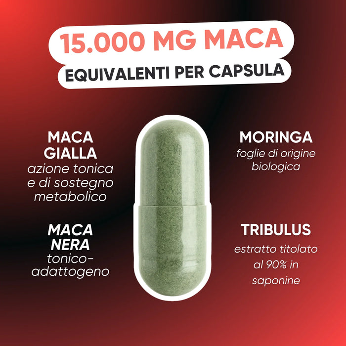 Capsula INCA FORCE: 15.000 mg di maca equivalenti, Maca Nera, Maca Gialla, Tribulus e Moringa