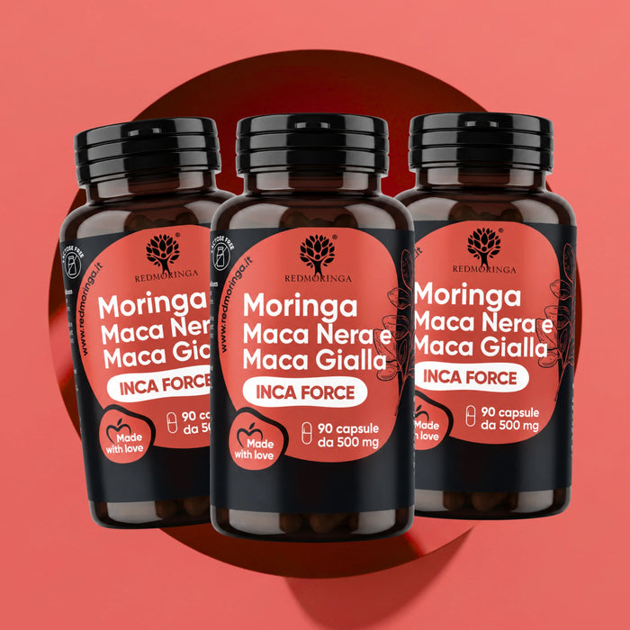 Tre flaconi INCA FORCE RedMoringa con maca nera, maca gialla e Moringa, integratore in capsule, confezione da 3 per 9 mesi