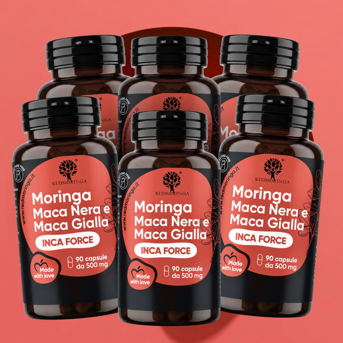 Sei flaconi INCA FORCE RedMoringa, integratore di maca peruviana nera e gialla con Moringa, scorta da 6 confezioni