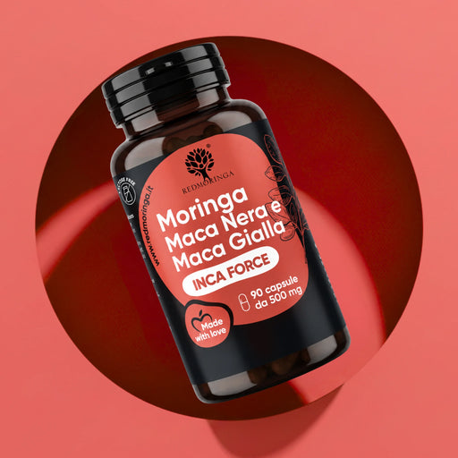RedMoringa INCA FORCE bottle, black and yellow maca supplement with Moringa, 90 capsules of 500 mg on a red background