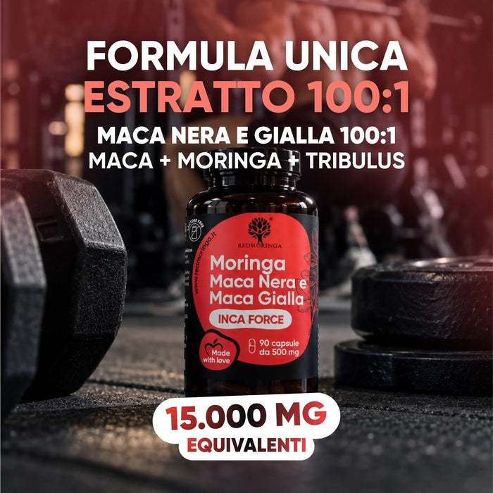 Formula unica: Maca Nera e Gialla in estratto 100:1 con Moringa e Tribulus