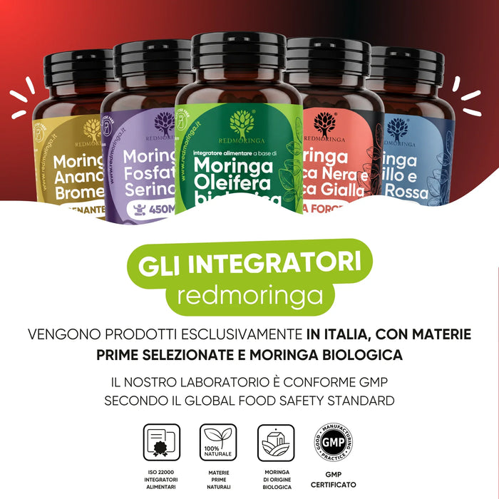 Gli integratori RedMoringa sono prodotti in Italia con Moringa biologica, laboratorio conforme GMP
