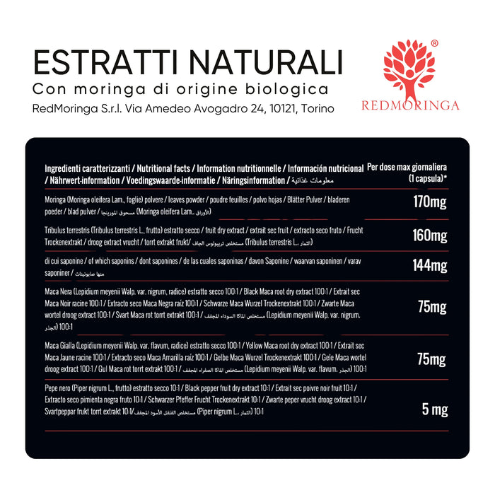 Tabella ingredienti INCA FORCE: Moringa, Tribulus, Maca Nera, Maca Gialla e pepe nero per capsula