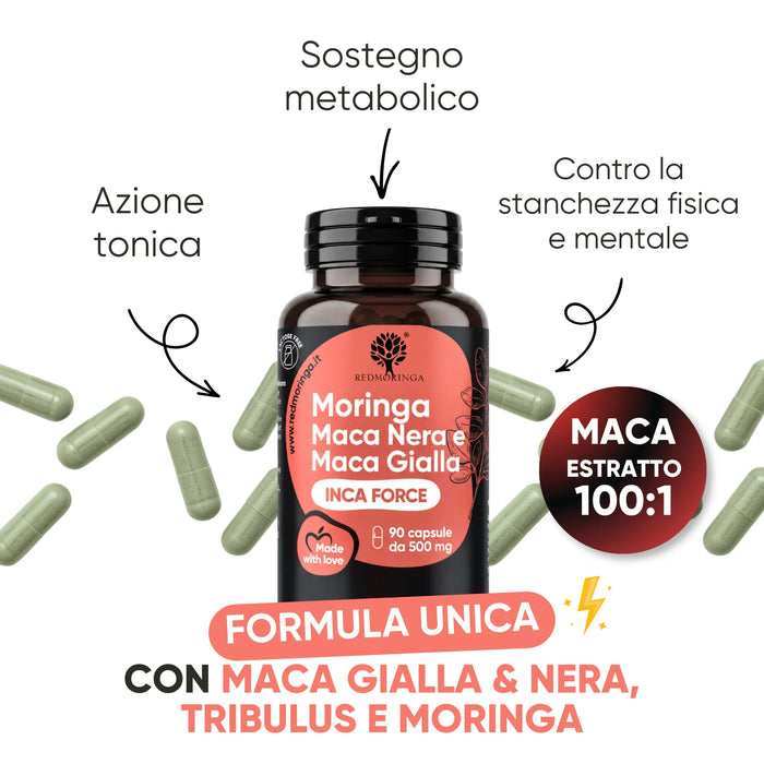 Formula unica con Maca Gialla e Nera, Tribulus e Moringa: azione tonica e sostegno metabolico