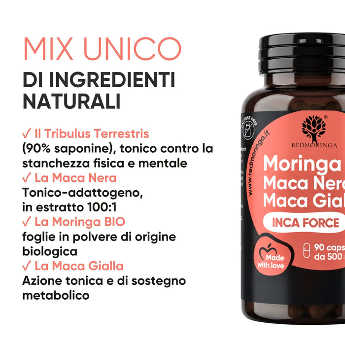 Mix di ingredienti naturali: Tribulus 90% saponine, Maca Nera, Moringa biologica, Maca Gialla