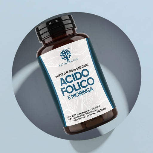 Flacone dell'integratore Acido Folico e Moringa RedMoringa da 230 compresse da 400 mg, pensato per la gravidanza
