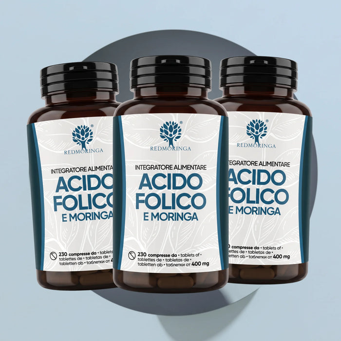 Tres frascos del complemento Ácido Fólico y Moringa RedMoringa de 230 comprimidos de 400 mg para el embarazo