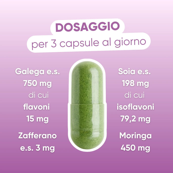 Dosaggio per 3 capsule: Galega 750 mg, Soia 198 mg, Zafferano 3 mg, Moringa 450 mg