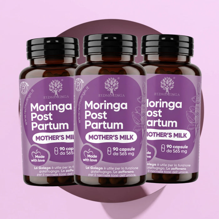Tre flaconi di Moringa Post Partum Mother's Milk RedMoringa, integratore per l'allattamento con Galega, confezione da 3
