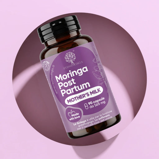 RedMoringa Moringa Post Partum Mother's Milk bottle, breastfeeding supplement with galega and saffron, 90 capsules of 565 mg