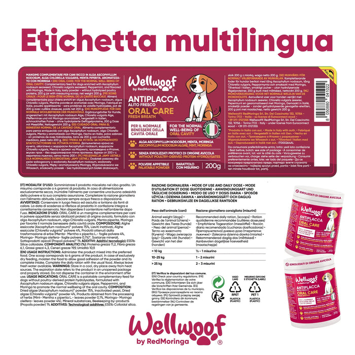 Etichetta multilingua di Oral Care Wellwoof con modalità d'uso, composizione e dosaggio giornaliero per peso del cane