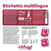 Etichetta multilingua di Oral Care Wellwoof con modalità d'uso, composizione e dosaggio giornaliero per peso del cane