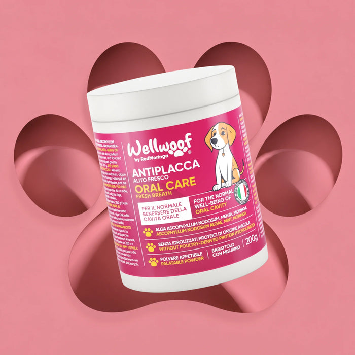 Barattolo da 200 g di Wellwoof Oral Care by RedMoringa, integratore antitartaro per cani in polvere appetibile con misurino