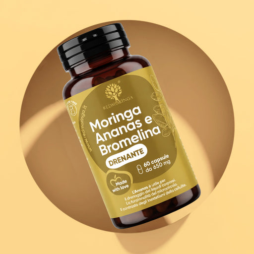 Flacone di Moringa Ananas e Bromelina RedMoringa, integratore drenante anticellulite in 60 capsule da 650 mg