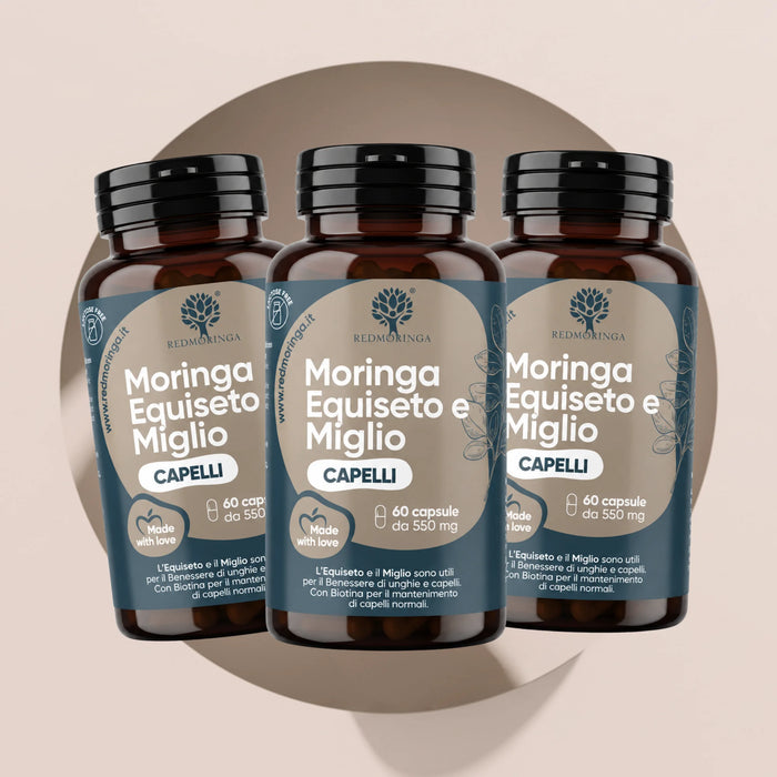 Three RedMoringa Moringa Horsetail and Millet bottles, hair supplement, 3 x 60 vegetable capsules for 3 months