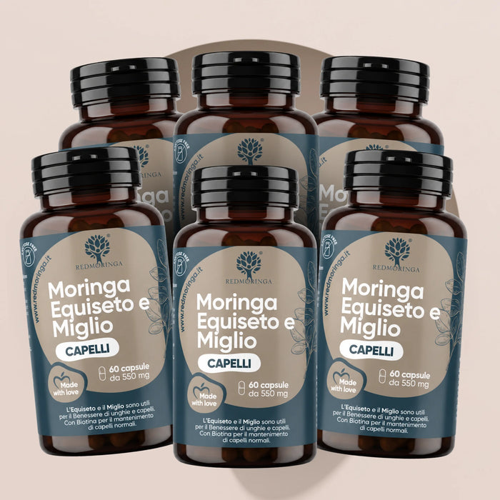Six RedMoringa Moringa Horsetail and Millet bottles, hair supplement, 6 x 60 vegetable capsules for 6 months