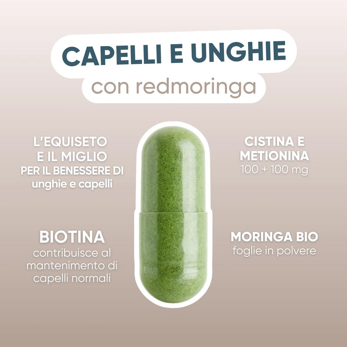 Capsule with horsetail, millet, cystine, methionine, biotin and organic Moringa