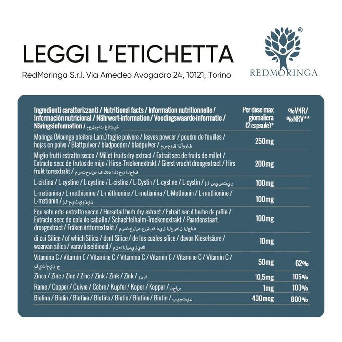 Ingredients table: Moringa, millet, cystine, methionine, horsetail, vitamin C, zinc, copper, biotin