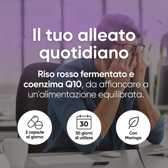 Riso rosso fermentato e coenzima Q10, 2 capsule al giorno con Moringa