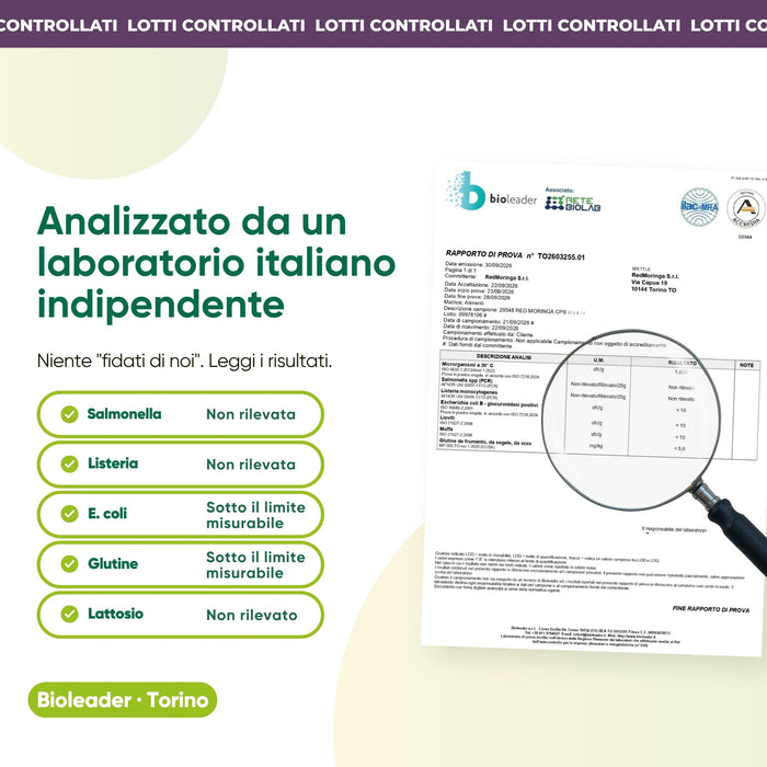 Analisi di laboratorio indipendente: salmonella, listeria, glutine, lattosio