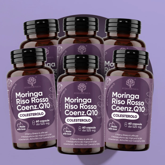 Sei flaconi di Moringa Riso Rosso e Coenzima Q10 RedMoringa da 60 capsule, confezione da 6 su sfondo lilla