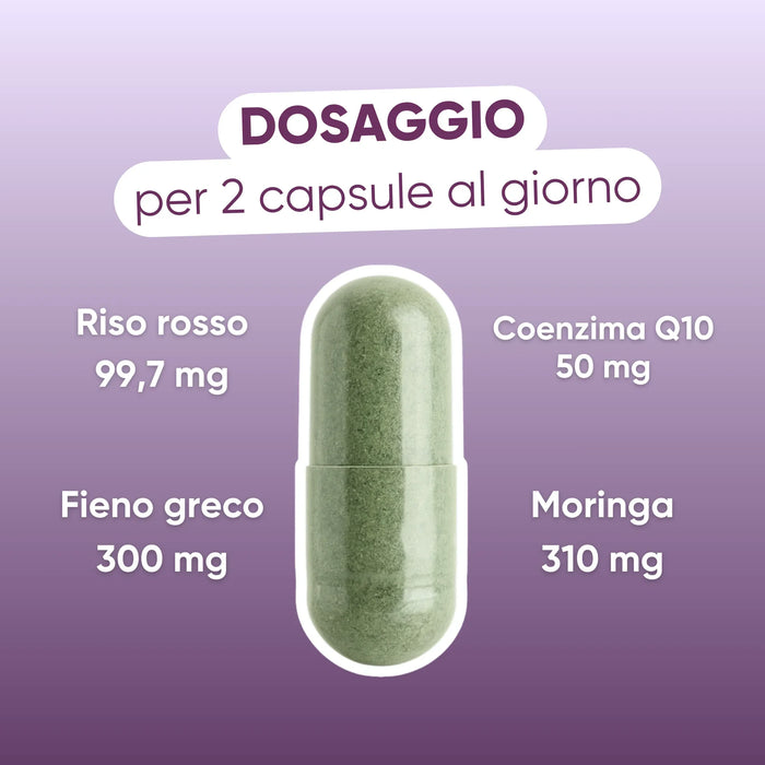 Dosaggio per 2 capsule: riso rosso 99,7 mg, fieno greco 300 mg, coenzima Q10 50 mg, Moringa 310 mg
