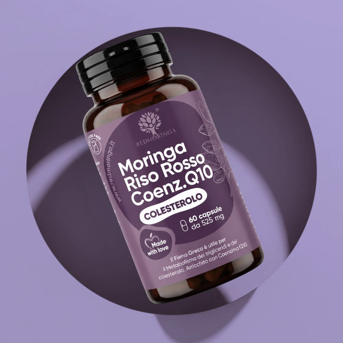 Flacone di Moringa Riso Rosso e Coenzima Q10 RedMoringa, integratore colesterolo in 60 capsule da 525 mg