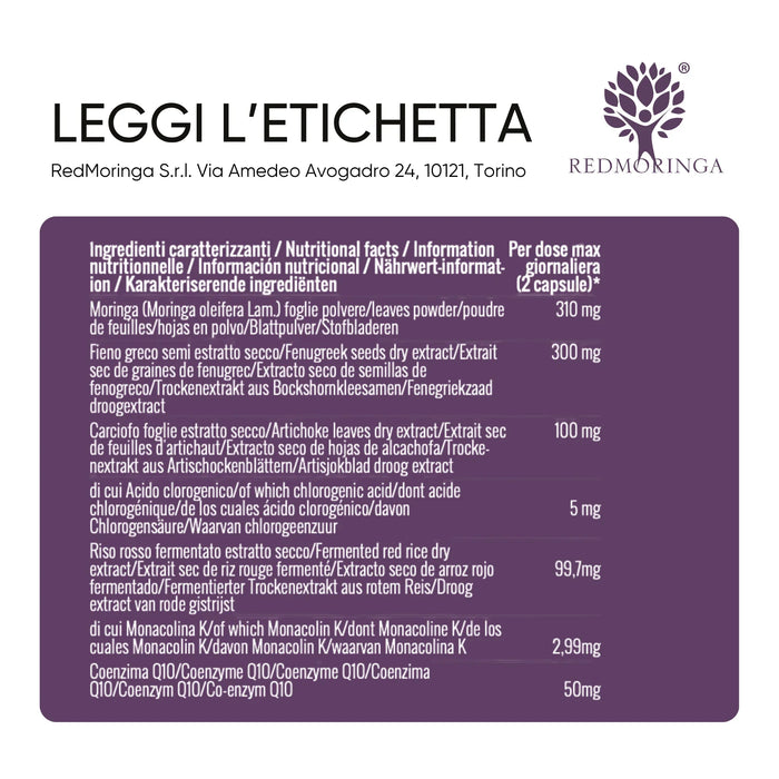 Tabella ingredienti: Moringa, fieno greco, carciofo, riso rosso fermentato, coenzima Q10